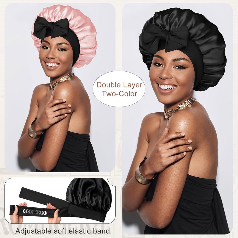 CHLINS Satin Bonnet Silk Bonnet for Sleeping Silk Sleep Cap Double Layer Hair Bonnet with Elastic Tie Band for Curly Hair Night Cap - Image 2